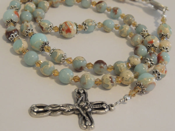 Rosary Beads Prayer Beads Necklace, Blue Green Sediments Jasper Gemstone, Amber Coloured Bicone Crystals, Divine Mercy Centre & Hearts Crucifix
