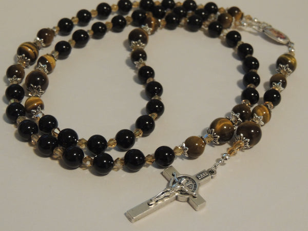 St Michael Rosary Beads-Colour Centre -Tigers Eye & Black Onyx Gemstone with Amber Crystal Spacer Beads - Silver Oxidised Crucifix