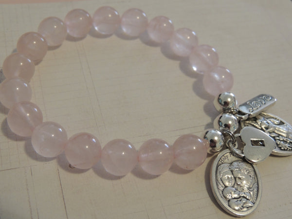 Holy Family, Rose Quartz Crystal Gemstone Bracelet, Guardian Angel/Cherub, Love & Locket Charm