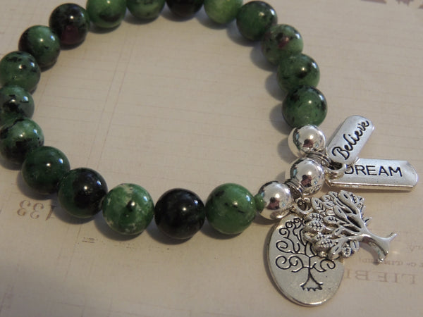 Ruby in Zoisite Anyoite Crystal Gemstone Charm Bracelet, Tree of Life Charms, Believe & Hope, Green Blends stone, fleck of Pink. Positivity
