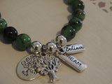 Ruby in Zoisite Anyoite Crystal Gemstone Charm Bracelet, Tree of Life Charms, Believe & Hope, Green Blends stone, fleck of Pink. Positivity