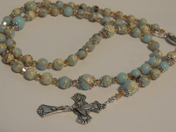 Rosary Beads Prayer Beads Necklace, Blue Green Sediments Jasper Gemstone, Amber Coloured Bicone Crystals, Holy Spirit Centre & Crucifix