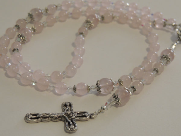 Rose Quartz Crystal Gemstone Rosary Beads Prayer Beads Necklace, Clear Coloured Bicone Crystals, Rose / St Rita Centre & Hearts Crucifix