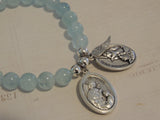 Aquamarine Crystal Gemstone Bracelet, St Gabriel Archangel Medal with Guardian Angel & St Michael, Wing Charm, 8mm Gemstone