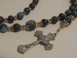 Rosary Beads Prayer Beads Necklace, Blue Gold Nepal Stone Crystal Gemstone, St Michael, Guardian Angel Centre & Flared Crucifix