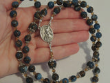 Rosary Beads Prayer Beads Necklace, Blue Gold Nepal Stone Crystal Gemstone, St Michael, Guardian Angel Centre & Flared Crucifix