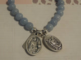 Angelite Blue Crystal Gemstone Spiritual Bracelet, Guardian Angel Michael Medal, St Gabriel Archangel Praying Hands & Faith Charm word charm