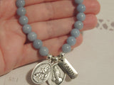 Angelite Blue Crystal Gemstone Spiritual Bracelet, Guardian Angel Michael Medal, St Gabriel Archangel Praying Hands & Faith Charm word charm