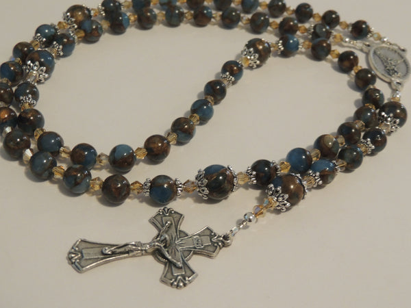 Rosary Beads Prayer Beads Necklace-Light Blue Gold Nepal Stone Crystal Gemstone - St Michael Centre& Special Crucifix