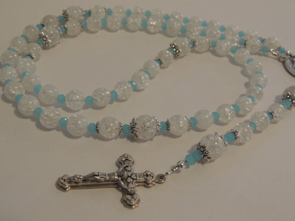 Clear Cracked Quartz Crystal Gemstone Rosary Beads Prayer Beads Necklace, Pale Blue Spacer Crystals, Miraculous Mary Centre & Hearts Crucifix