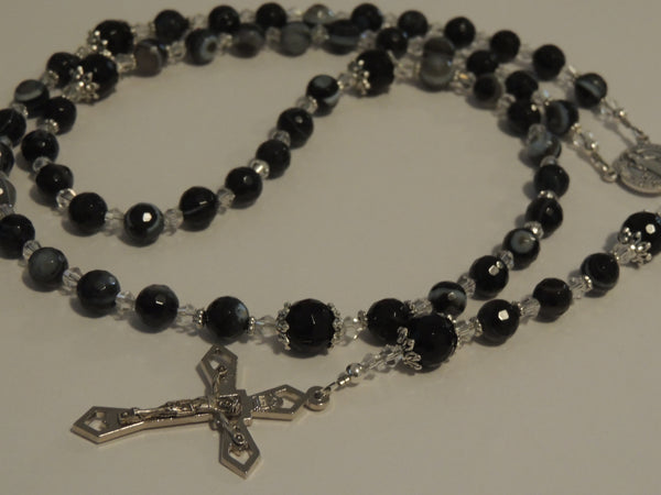St Benedict Rosary Beads - Black Agate with White Vein Faceted Crystal Gemstone, Flare Crucifix Cross