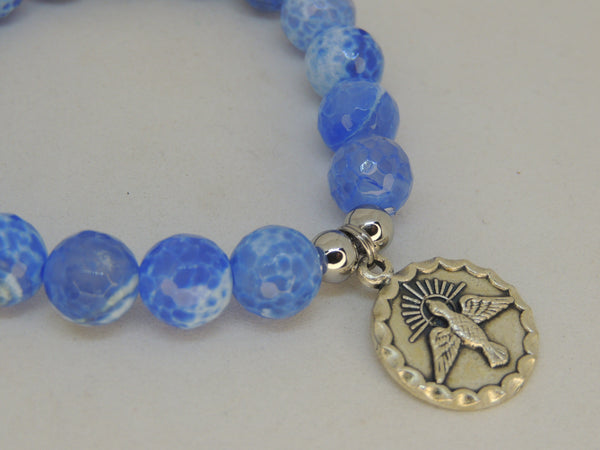 Holy Spirit / Peace Dove Medallion Religious Bracelet, Blue and White Fire Agate Crystal Gemstone, Stone Beads, Stretchy, Holy Trinity Bless