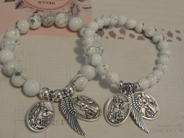 St Michael The Archangel with Guardian Angel Medal & Wing Charm, White Howlite Crystal Bracelet