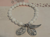 St Michael The Archangel with Guardian Angel Medal & Wing Charm, White Howlite Crystal Bracelet