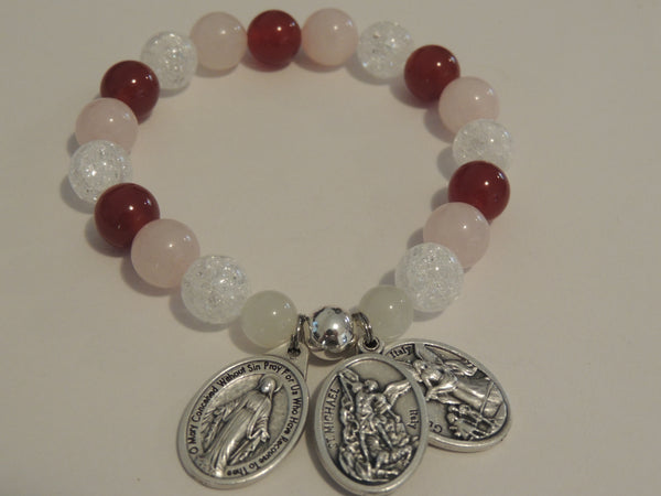 Healing Calming Balancing Crystal Gemstone Moonstone Bracelet- Miraculous Medal-Guardian Angel, Michael Archangel