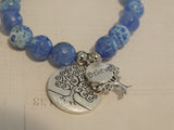 Tree of Life Charms with Believe Word Bracelet, Blue and White Fire Agate Crystal Gemstone, Stone Beads, Stretchy