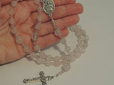 St Agatha Rose Quartz Crystal Gemstone Rosary Beads Prayer Beads Necklace, PInk Crystals, Hope Ribbon Centre & Hearts Crucifix