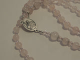 St Agatha Rose Quartz Crystal Gemstone Rosary Beads Prayer Beads Necklace, PInk Crystals, Hope Ribbon Centre & Hearts Crucifix