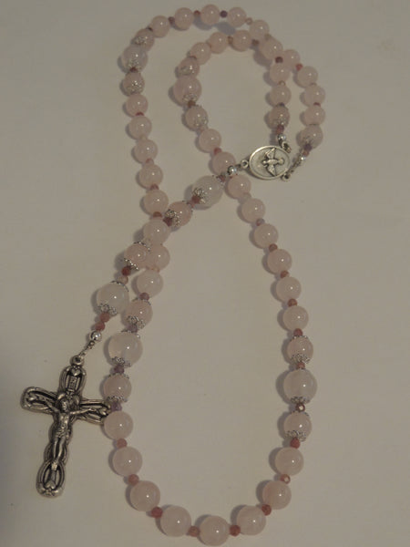 Rose Quartz Crystal Gemstone Rosary Beads Prayer Beads Necklace, Coloured Spacer Crystals, Holy Spirit Dove & Hearts Crucifix