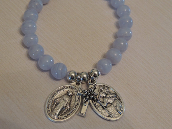 CALMING BLUE LACE CHALCEDONY GEMSTONE CHARM BRACELET-MIRACULOUS MARY & CHRISTOPHER SAFE TRAVEL MEDAL