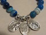Blue Angels - Guardian Angel with Raphael & Gabriel Medals - 10mm Blue Agate Crystal Gemstone Bracelet