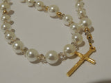 Gold Three Decade Rosary Beads - White Shell Pearl Beads with Champagne Faceted Crystal Beads - Handmade - Gift Boxed