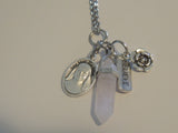 Saint Mary Mackillop Gemstone Charm Necklace - Rose Quartz / Howlite Amethyst Pendant -Long Link Chain - 70cm Stainless Steel