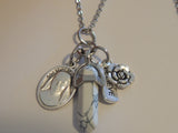 Saint Mary Mackillop Gemstone Charm Necklace - Rose Quartz / Howlite Amethyst Pendant -Long Link Chain - 70cm Stainless Steel