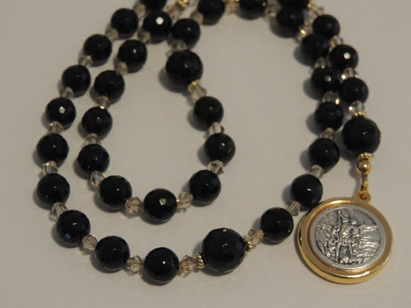 Archangel St Michael / Guardian Angel Three Decade Rosary Beads - Black Agate / Onyx Gemstone-Gold Crystal Beads-Gold Centre-Handmade