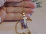 Gold Gemstone Crystal Pendant Charm Necklace - Lapis Lazuli / Amethyst / Rose Quartz  Pendant - Gold Tone - Long 70cm - Easy wear