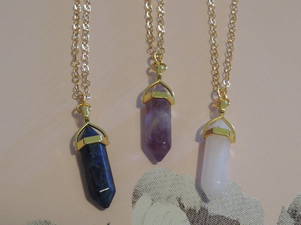 Gold Gemstone Crystal Pendant Charm Necklace - Lapis Lazuli / Amethyst / Rose Quartz  Pendant - Gold Tone - Long 70cm - Easy wear