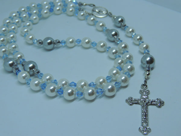 Shell Pearl & Blue Crystal Rosary Beads - Handmade - White & Grey Shell Pearl - Gift Boxed