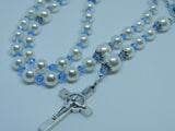 Rosary Beads - Miraculous Mary Colour Centre - All Shell Pearl with Blue Crystal spacer Rosary Beads - Handmade - White Shell Pearl - Gift Boxed