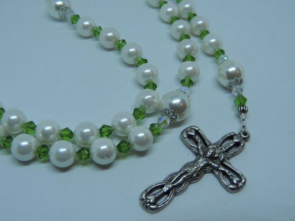 Shell Pearl Rosary Beads - Holy Spirit Centre - All White Shell Pearl. Green & AB Clear Crystal Bicone Beads - Handmade - Gift Boxed