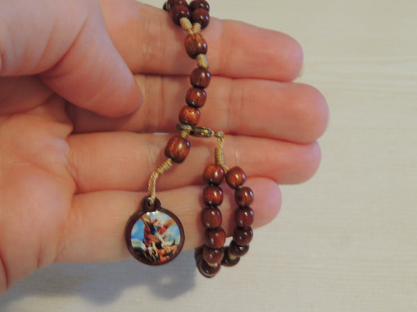 St Michael Archangel Mini Picture Medal Rosary Bracelet Cherrywood Wooden Rosary Beads Prayer Beads