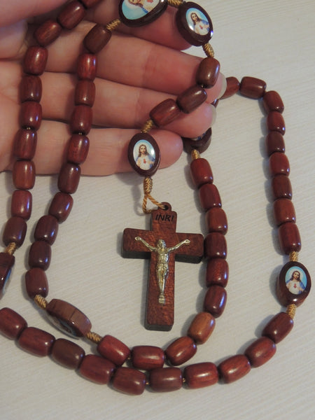 Sacred Heart of Jesus Images Cherry Wood Wooden Rosary Prayer Beads - Oval Colourful Picture Beads- Necklace - Cruficix - Corded Rosary