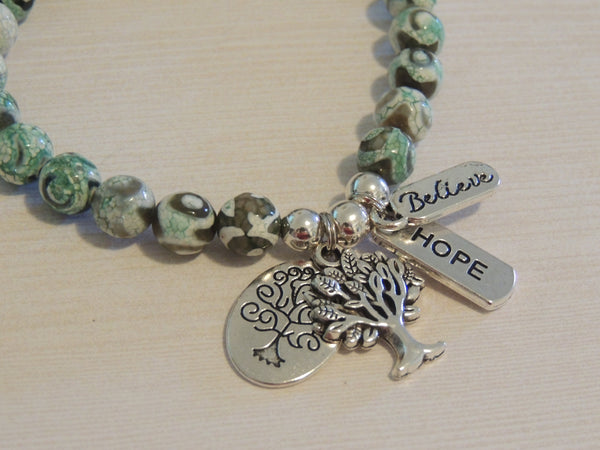 TIBETAN GREEN WHITE AGATE FACETED GEMSTONE CHARM BRACELET - TREE OF LIFE WITH BELIEVE & HOPE CHARMS