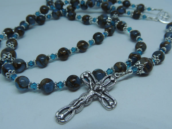 Rosary Beads Prayer Beads Necklace-Light Blue Gold Nepal Stone Crystal Gemstone - Holy Spirit Centre & Special Crucifix