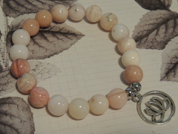 Lotus Flower Charm - Pink Opal Crystal Gemstone Bracelet - 10mm Bead - Stainless Steel Spacer Beads