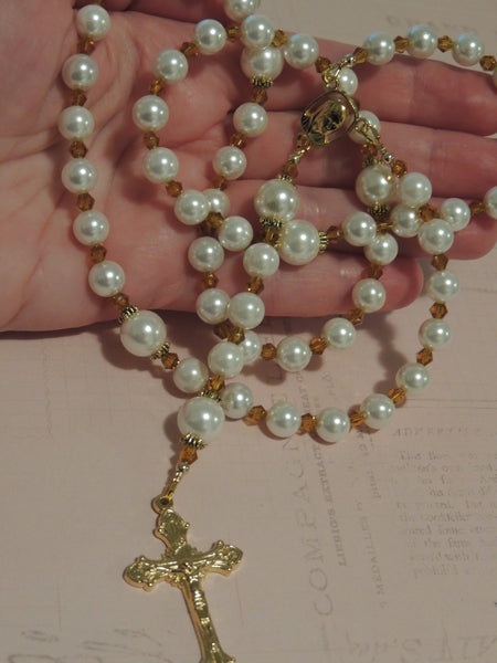 White Shell Pearl Rosary Beads with Champagne Crystal Bicone Spacer Beads - Handmade - Gift Boxed