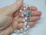 Rosary Beads - Saint Agatha/Breast Cancer Saint Colour Centrepiece - White & Pink Shell Pearl with Crystals Beads - Handmade - Gift Boxed