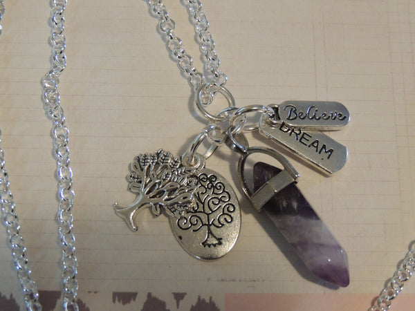 Amethyst Gemstone Crystal Pendant Necklace - Tree of Life charms *Believe *Dream* Charms, Long Easywear - 70cm