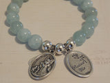 Aquamarine Crystal Gemstone Bracelet, Guardian Angel / Protect Us Medal with Believe Charm
