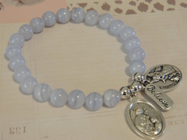 Blue Lace Chalcedony Crystal Gemstone Charm Bracelet-St Gabriel, Guardian Angel & Michael Medal, Believe Charm