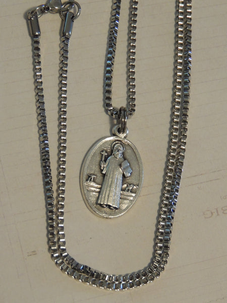 Saint Benedict Medal Medallion Necklace - Stainless Steel Box Chain - 60cm