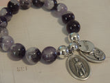 St Peregrine & Guardian Angel / Michael Medal - Healing Charm Chevron Amethyst Crystal Gemstone Stretch Bracelet - Protection
