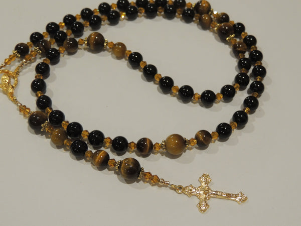 Tigers Eye & Black Onyx Gemstone Handmade Rosary Beads with Amber Crystal Spacer Beads - Gold Tone Centre & Crucifix