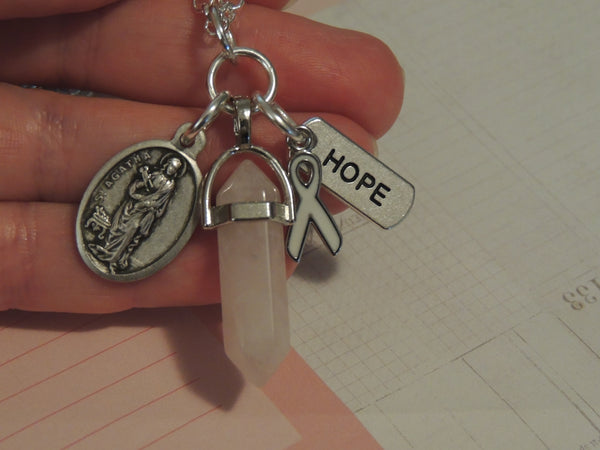 St Agatha-Patron Saint Breast Cancer, Rose Quartz Gemstone "Hope" Ribbon in White, Crystal Pendant, 70cm Rolo Chain