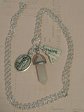 St Agatha-Patron Saint Breast Cancer, Rose Quartz Gemstone "Hope" Ribbon in White, Crystal Pendant, 70cm Rolo Chain