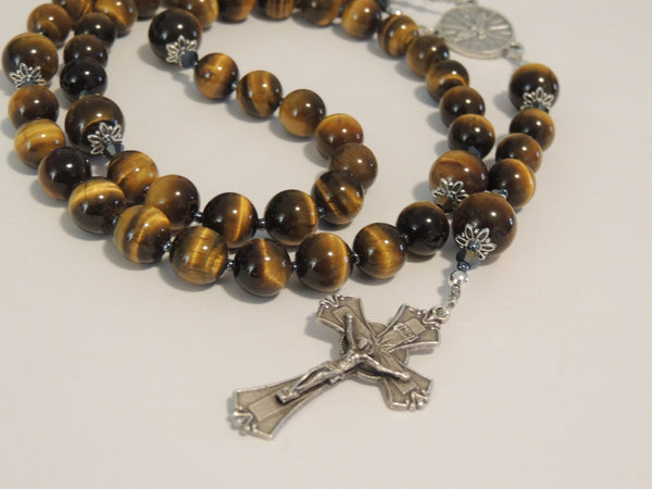 Holy Spirit Tigers Eye Large Rosary Beads, 10mm & 12mm Gemstone Crystal Beads, Tiny Spacer Beads, Silver Oxide Crucifix & Centre Piece, Handmade, Gift Boxed